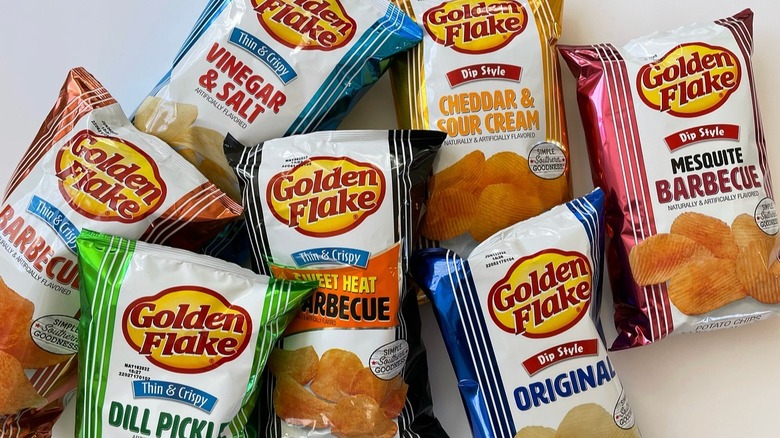 Bags of Golden Flake potato chips