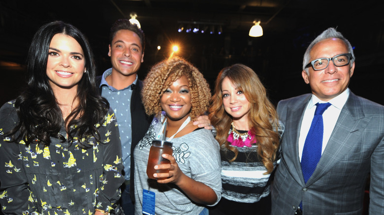 Original cast of The Kitchen (left to right): Katie Lee, Jeff Mauro, Sunny Anderson, Marcela Valladolid, and Geoffrey Zakarian