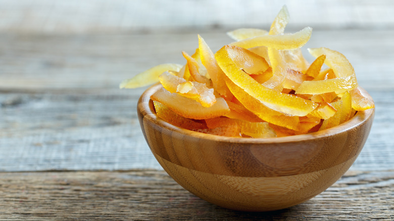 candied orange peels in bowl