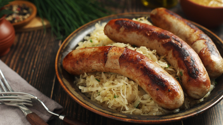 Bratwurst and sauerkraut on plate