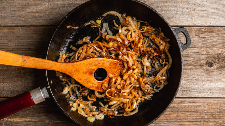 Caramelized onions in a frying pan