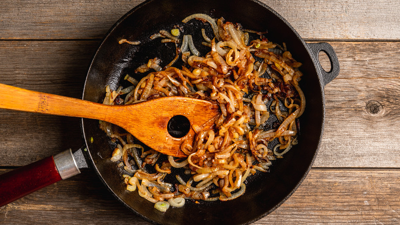 caramelized onions frying in a pan