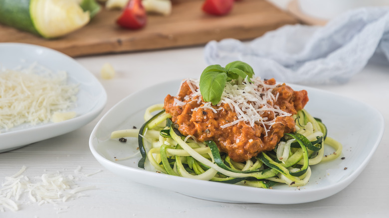 Small plate of zoodles with bolognese sauce