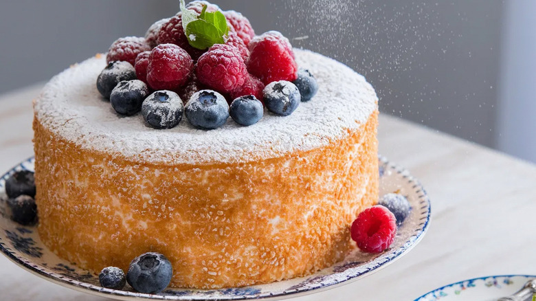 Angel food cake garnished with fruit