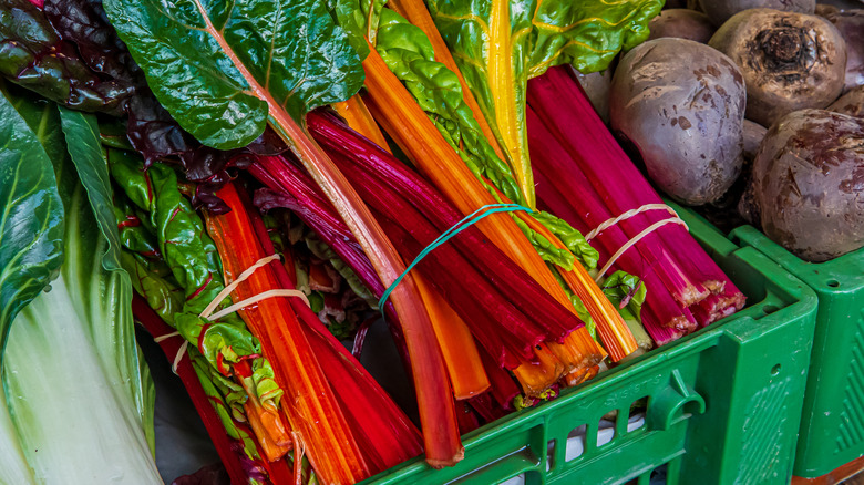 bunches of rainbow swiss chard at a market