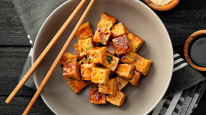 Soy marinated tofu in a bowl