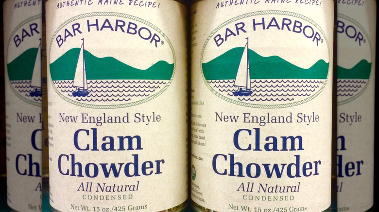 Cans of Bar Harbor clam chowder