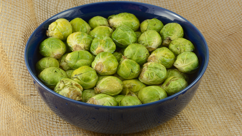 Raw Brussels sprouts in blue bowl