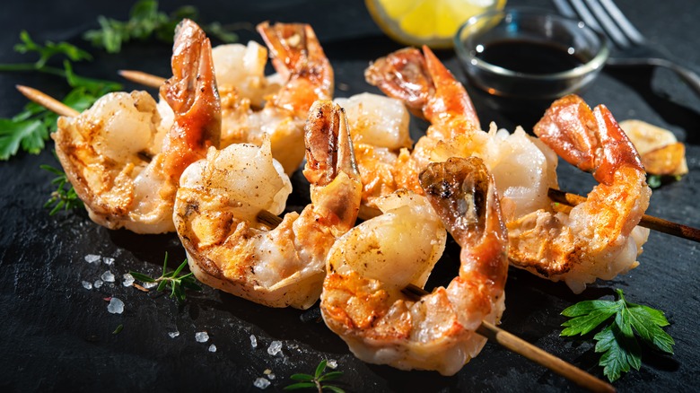 cooked shrimp on skewers