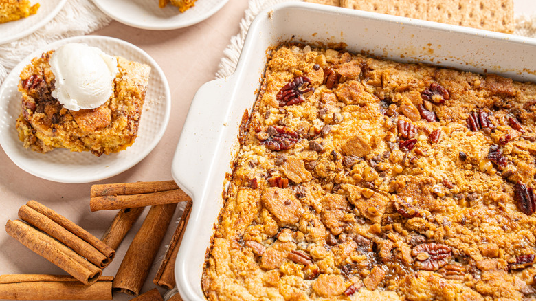 Dump cake in a white baking dish