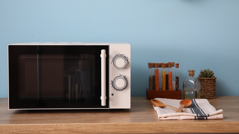 microwave atop a counter 