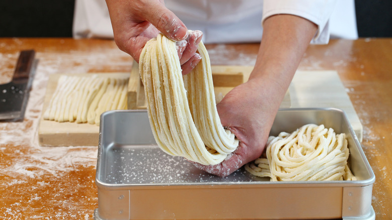 handmade Japanese noodles placed in tray