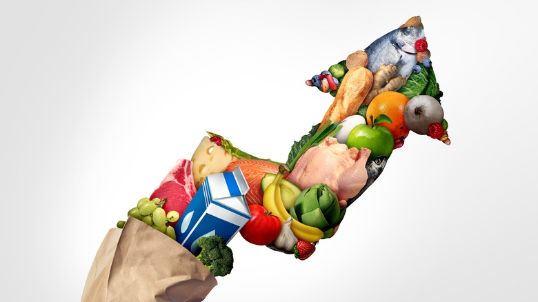 Grocery items in arrow shape emerge from bag