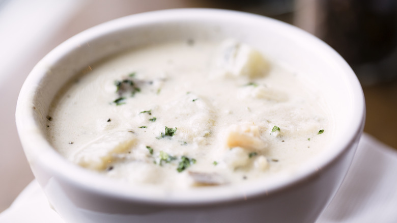 white bowl filled with clam chowder