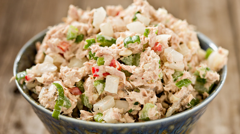 Close up of a bowl of chunky tuna salad