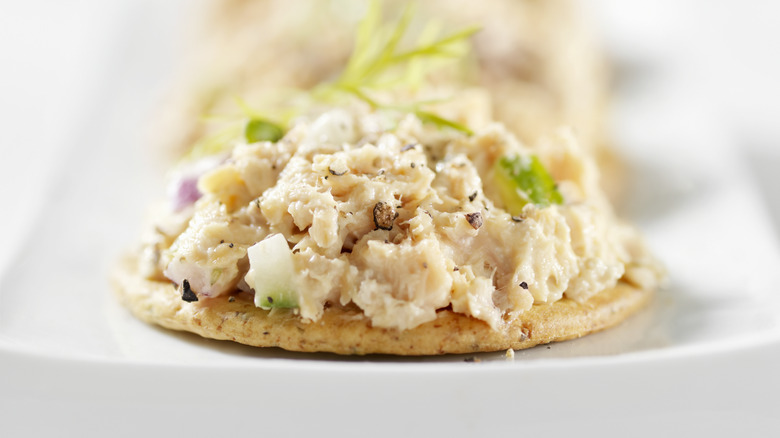 Crackers piled with tuna salad