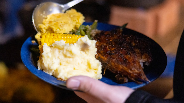 Southern-style comfort food on a blue plate