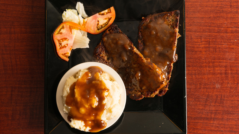Meatloaf with mashed potatoes and salad