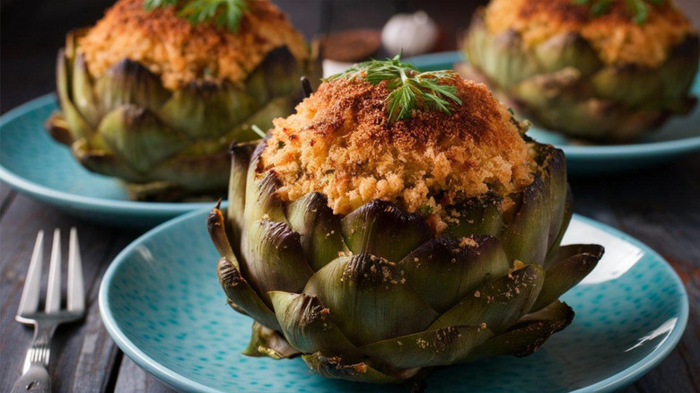 Three stuffed artichokes individually plated and stuffed to the brim with breadcrumb filling
