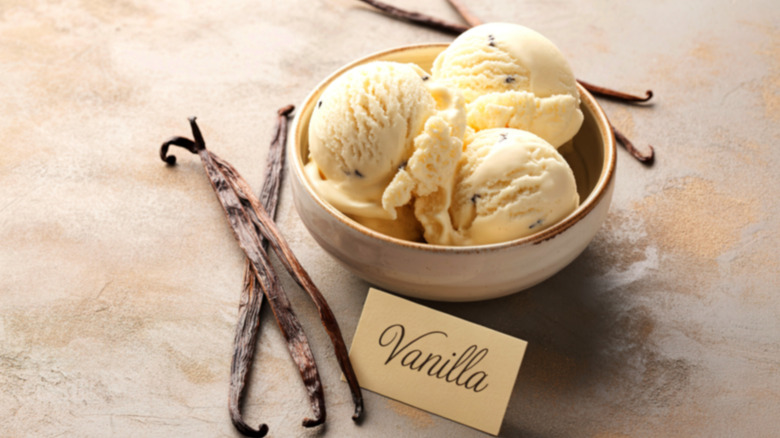 Three creamy scoops of vanilla bean ice cream sit in a bowl, next to several vanilla beans on a textured surface