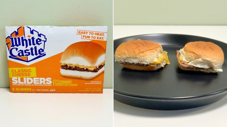 A box of White Castle Classic Cheese Sliders next to two slides on a black plate