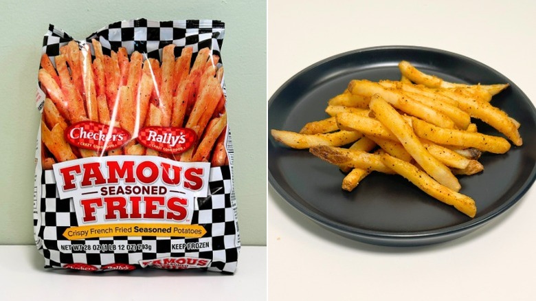 A bag of Checker's and Rally's Famous Seasoned Fries next to a black plate of fries
