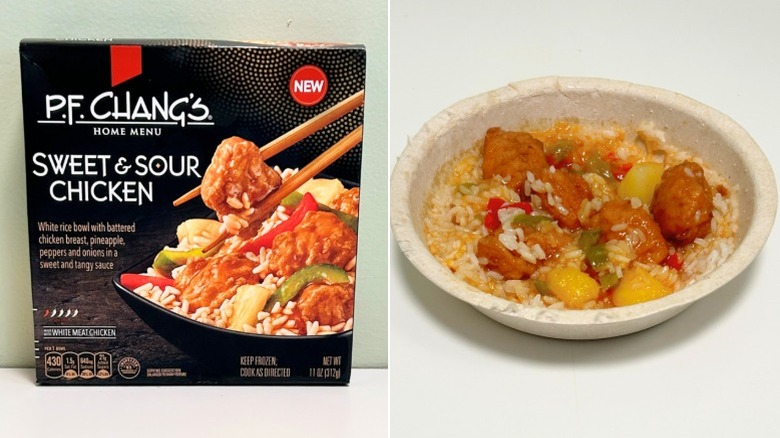 A box of P.F. Chang's Sweet and Sour Chicken next to a bowl of sweet and sour chicken