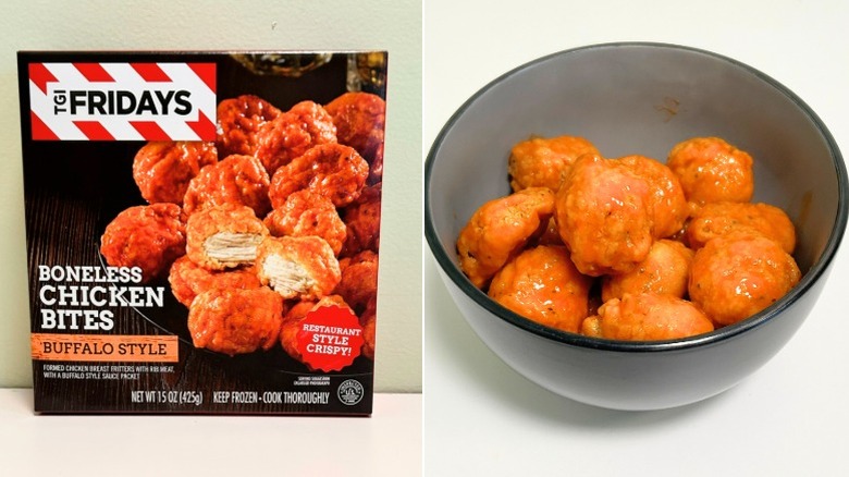 A box of TGI Fridays Boneless Buffalo Style Chicken Bites next to buffalo chicken bites in a black bowl