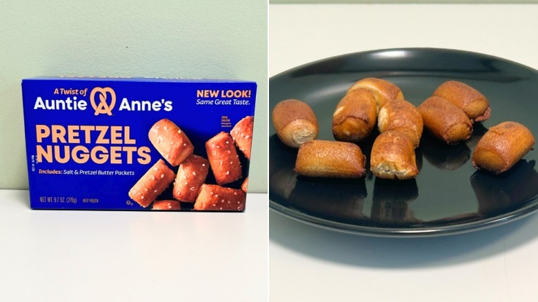 A box of Auntie Anne's Pretzel Nuggets next to pretzel nuggets on a black plate