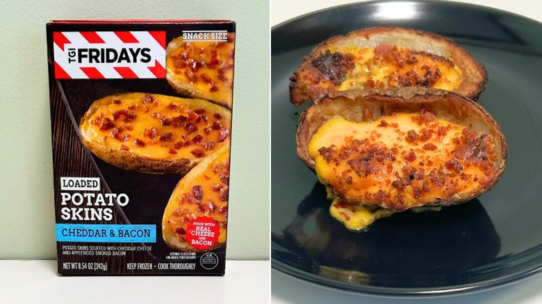 A box of TGI Fridays Loaded Potato Skins next to two loaded potato skins on a black plate