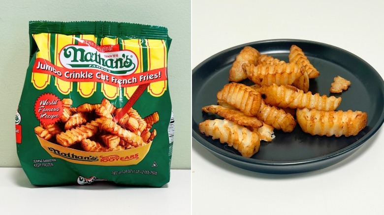 A bag of Nathan's Famous Jumbo Crinkle Cut French Fries next to French fries on a black plate