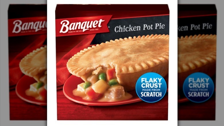 Banquet chicken pot pie in red and black box on white background