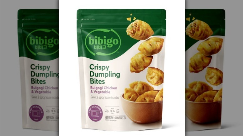 Bibigo dumpling bites with a green and white label on white background