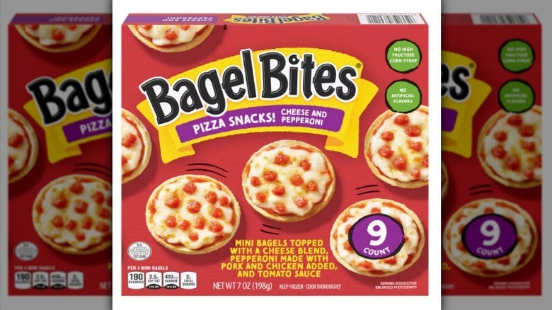 Bagel Bites cheese and pepperoni in red box on white background