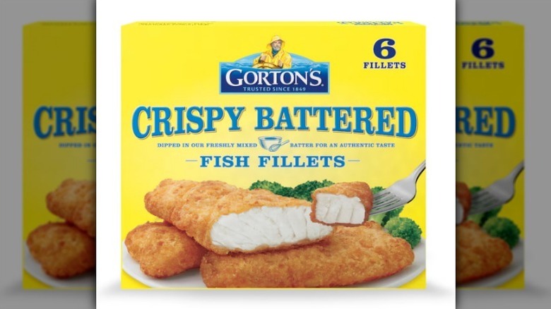 Gorton's crispy battered fillets in a yellow box on white background