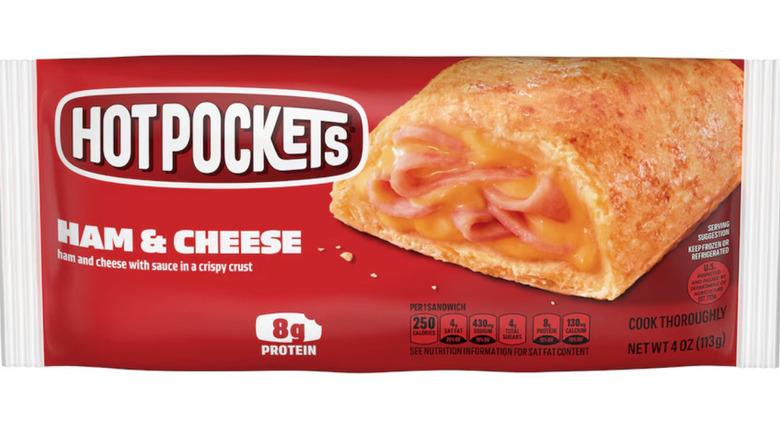 Ham and cheese Hot Pocket in a red package on white background