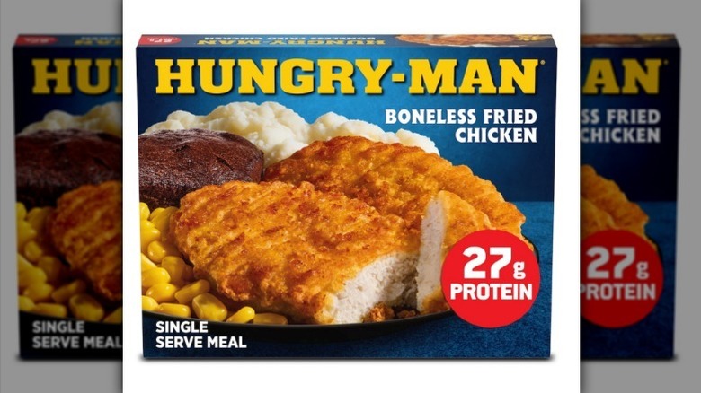 Hungry Man fried chicken meal on white background
