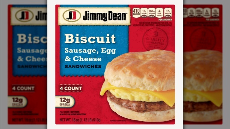 Jimmy Dean biscuit sandwiches with a red and blue label on white background