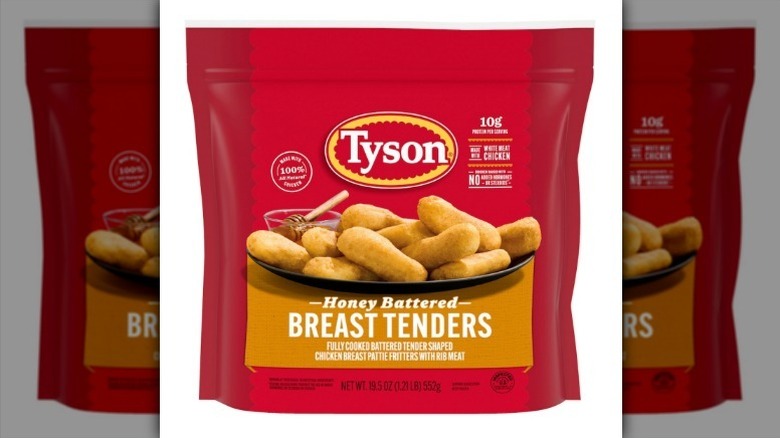 Tyson honey battered chicken tenders in a red bag on white background