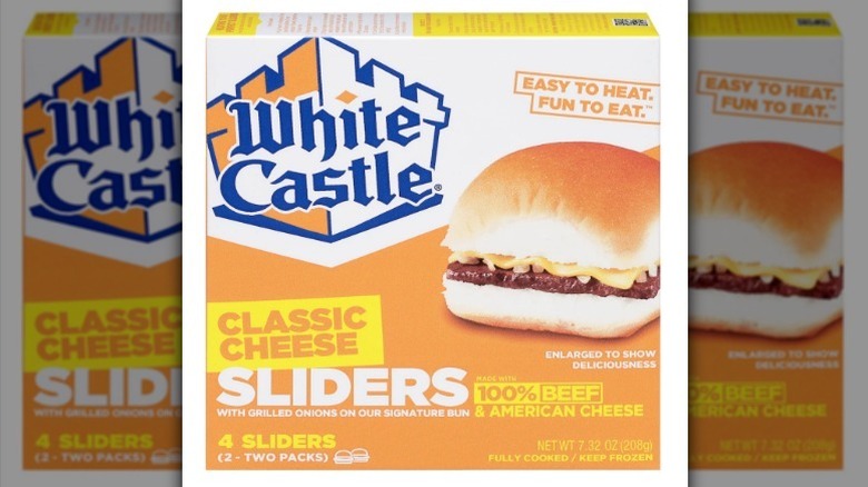 White Castle classic cheese sliders in white and orange box on white background