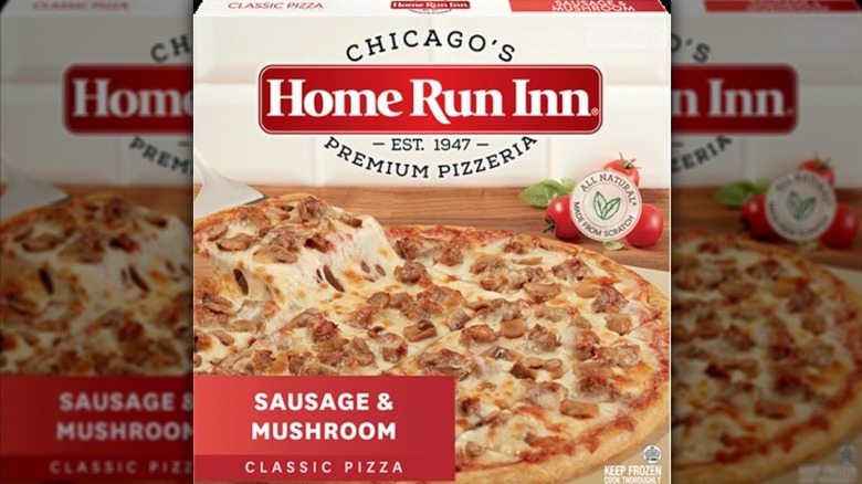 A picture of Home Run Inn's sausage and mushroom pizza's box