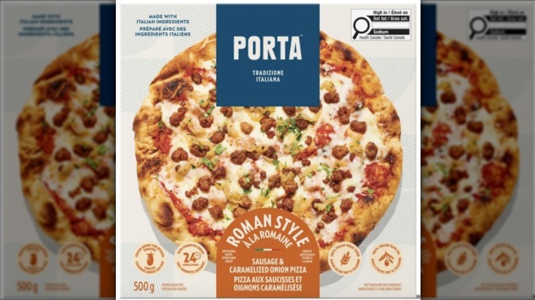 A picture of Porta's sausage and caramelized onion pizza's box