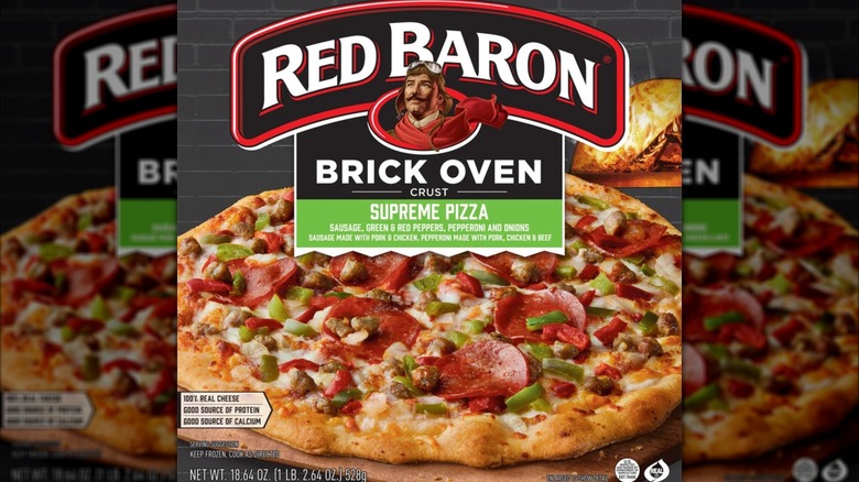 A picture of Red Baron brick oven crust supreme pizza's box