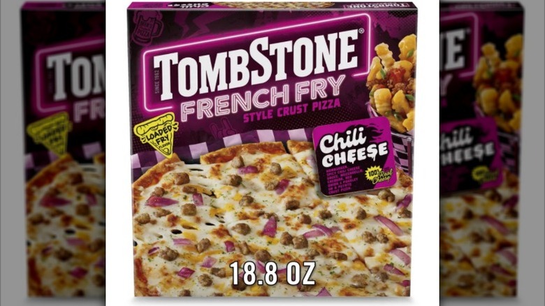A picture of Tombstone's French fry-style crust chili cheese pizza's box