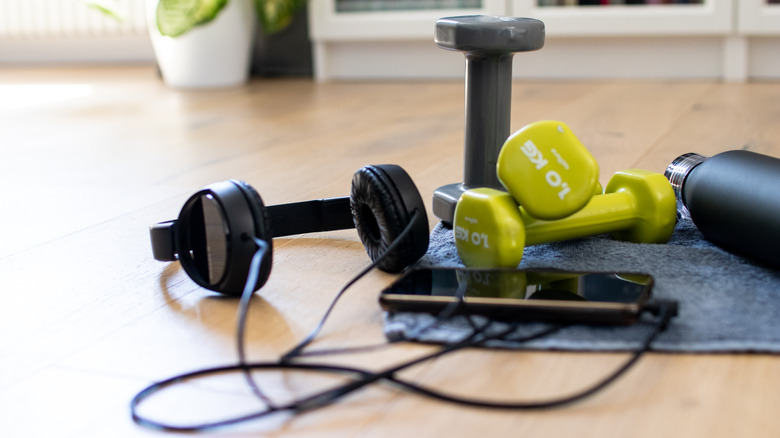 workout equipment and headphones