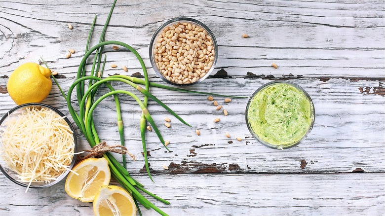 Garlic scape pesto ingredients 