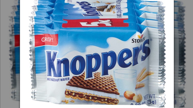 five-pack of Knoppers halzenut wafer candy