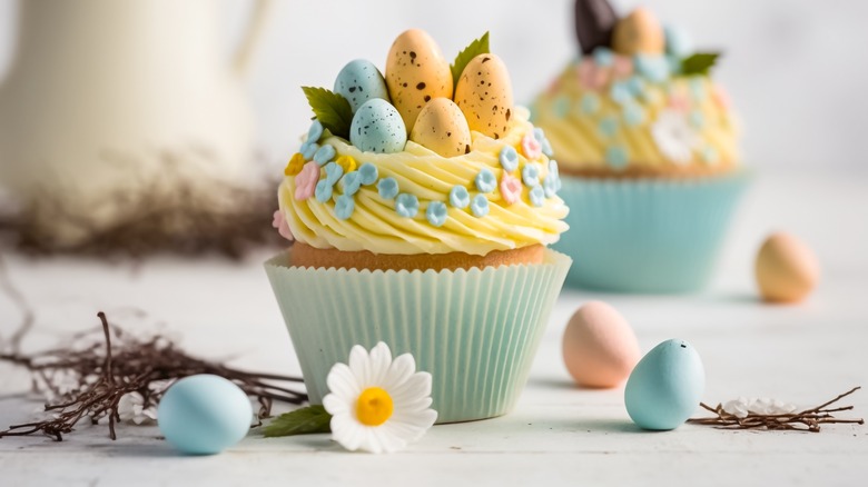 Vanilla cupcakes with Easter candy eggs