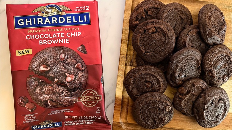 Ghirardelli Chocolate Chip Brownie cookie package next to baked cookies on cutting board