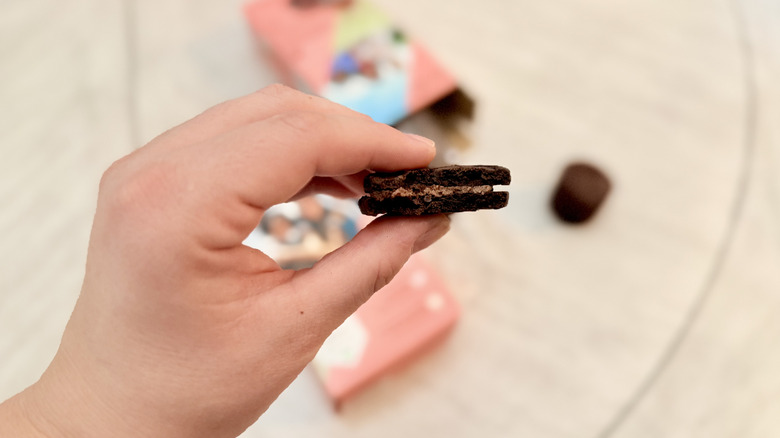 Holding a Exploremores cookie that's been bitten into
